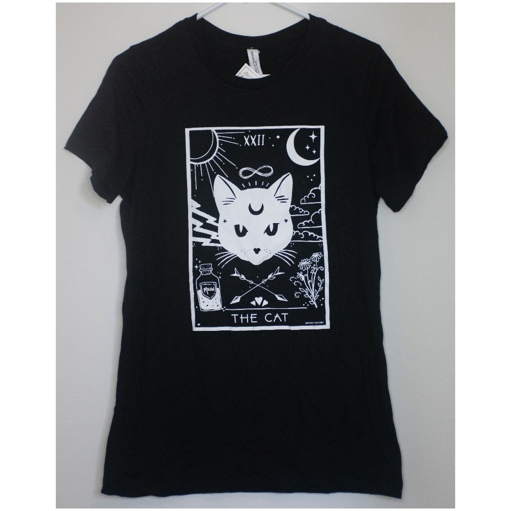 Black cotton t-shirt w/ cat tarot card print - 2XL